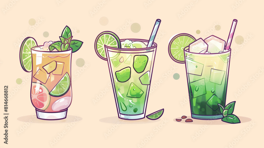 cartoon-style glass of mojito. Elements: Lime slices, mint leaves, and ice cubes cartoon-style glass of mojito. Elements: Lime slices, mint leaves, and ice cubes