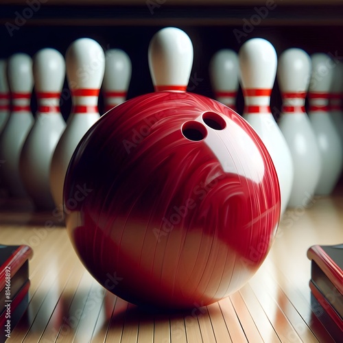 palla da bowling rossa e birilli sullo sfondo
