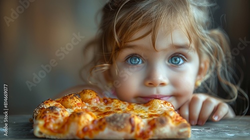 Pizza surrounded by an appetizing portrait of a little girl.