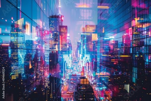 Modern skyscrapers illuminated by neon close up  focus on the reflections  copy space  ensure vibrant colors  Double exposure silhouette with a bustling street