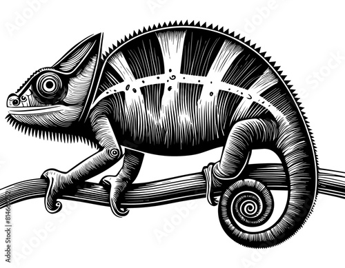 Camélélon, icone, dessin vectoriel, noir et blanc, gravure ancienne, fond blanc