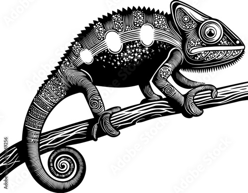 Camélélon, icone, dessin vectoriel, noir et blanc, gravure ancienne, fond blanc