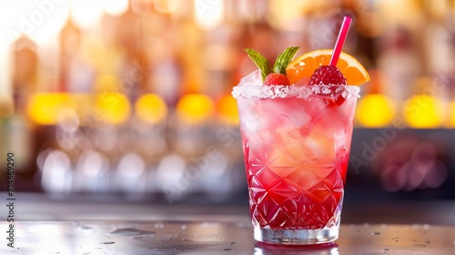 Tasty and colorfully decorated cocktail with fruits and ice in an elegant glass at the bar photo