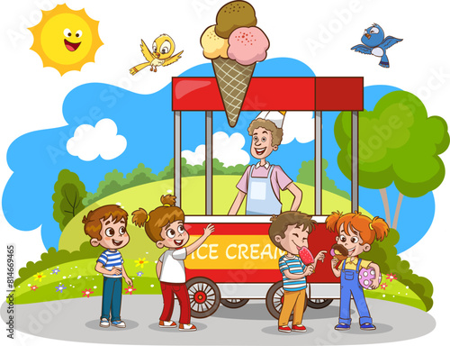 Vector illustration of little kids buying ice cream from ice cream cart outdoors.