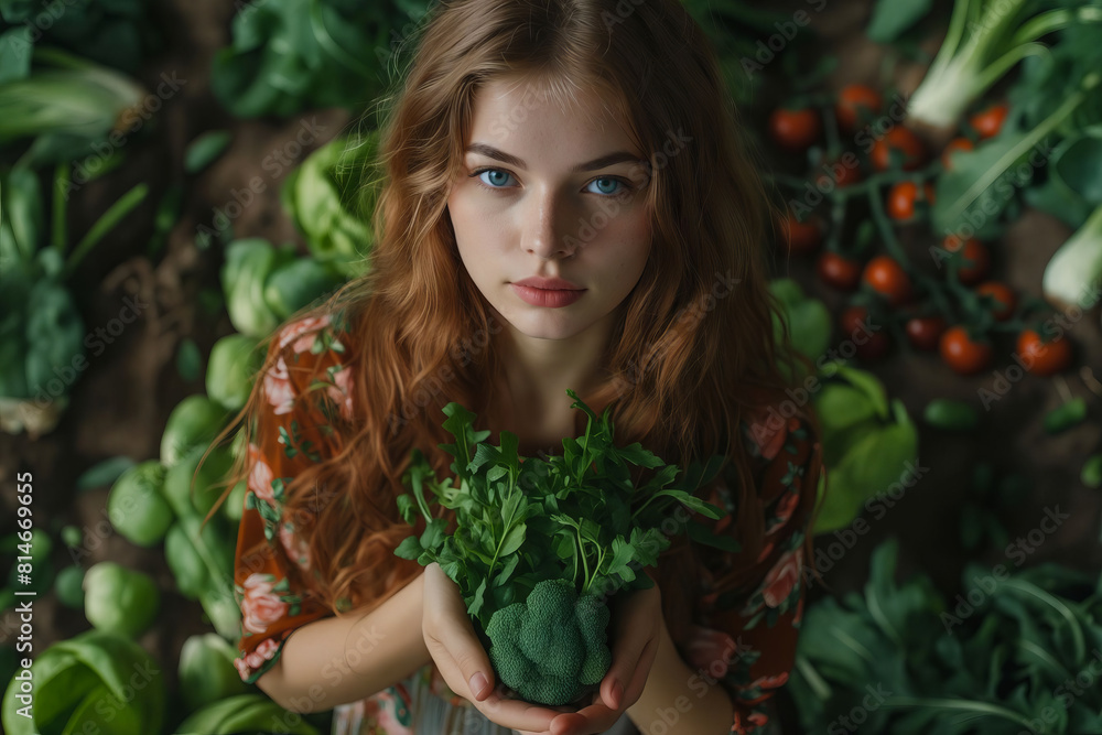 A woman holding a bunch of vegetables. A woman holding a bunch of vegetables.