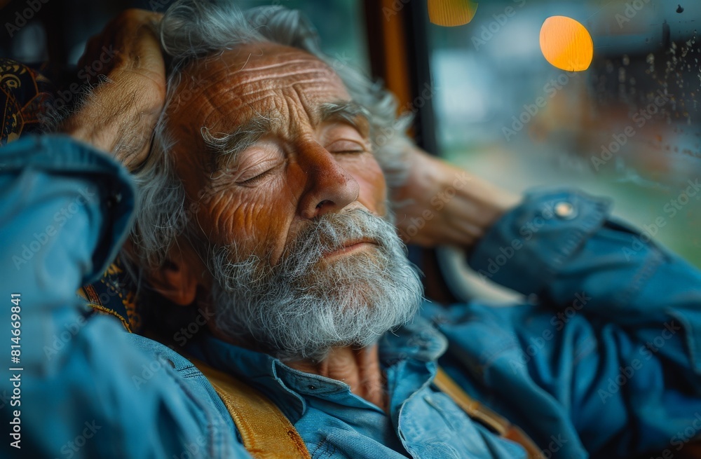 Obraz premium A person relaxes in a contemplative pose on a bus, with face blurred in the image