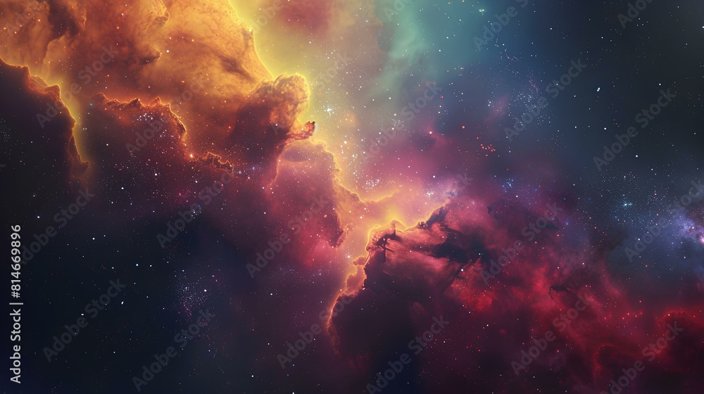 The image is a depiction of a nebula, a vast interstellar cloud of dust, hydrogen, helium and other ionized gases. The image is a depiction of a nebula, a vast interstellar cloud of dust, hydrogen, helium and other ionized gases.