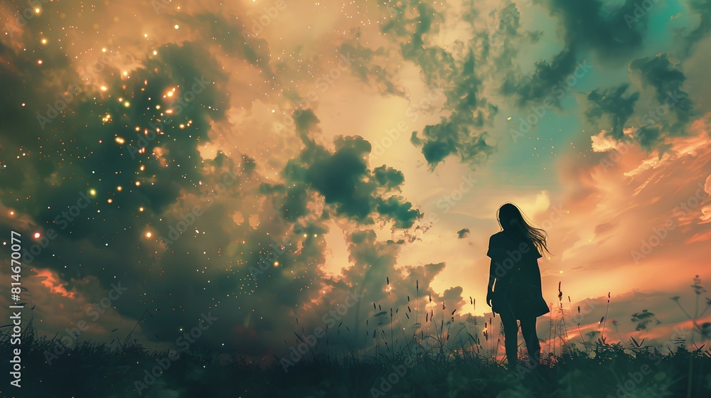 Fototapeta premium The photo shows a lonely girl standing in a field, looking at the starry night sky