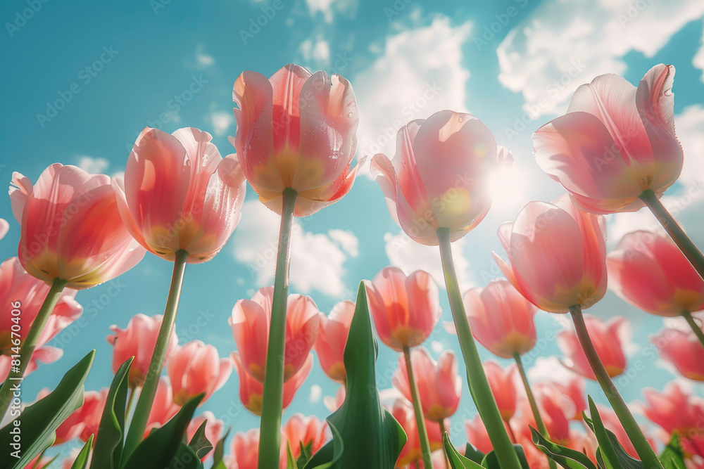 Tulips and clear sunny sky. Sky seen from the ground Tulips and clear sunny sky. Sky seen from the ground