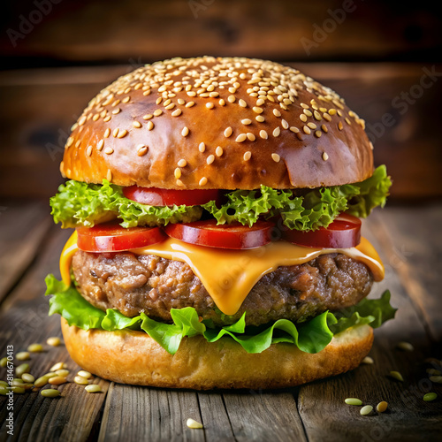 Delicious bacon cheeseburger with beef, tomato, onion, and crisp lettuce on a dark backdrop.