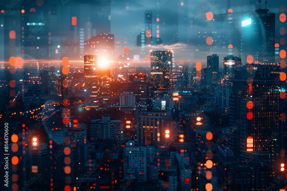 Innovative tech environment close up, focus on seamless interfaces, copy space, ensure radiant colors, Double exposure silhouette with a city skyline at night Innovative tech environment close up, focus on seamless interfaces, copy space, ensure radiant colors, Double exposure silhouette with a city skyline at night