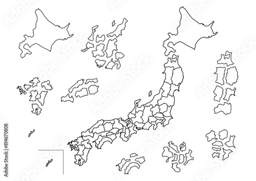 黒線縁取りの日本地図イラスト(バラバラにした都道府県)