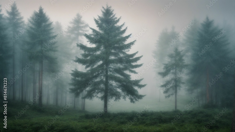Mist veils serene forest greens. Mist veils serene forest greens.