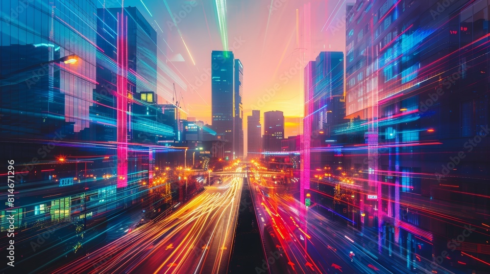 Highrise buildings with neon accents close up, focus on the light trails, copy space, ensure colorful hues, Double exposure silhouette with traffic movement
