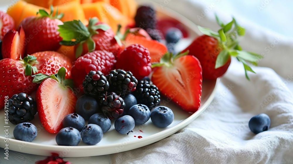 Plate with berries on the table. selective focus. Generative Ai, Plate with berries on the table. selective focus. Generative Ai,