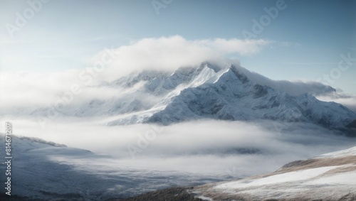 Foto a snow covered mountain peak sitting above the clouds in the valley