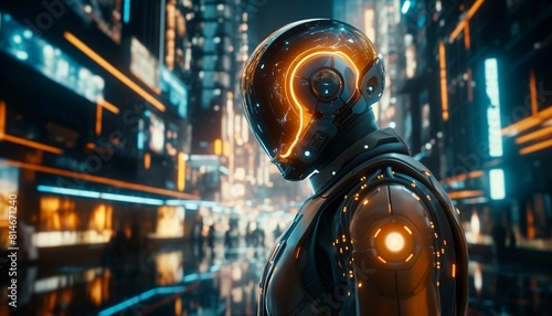 Wallpaper Mural man with robot head or futuristic helmet, in the middle of a urban scene, sci-fi, cinematic Torontodigital.ca