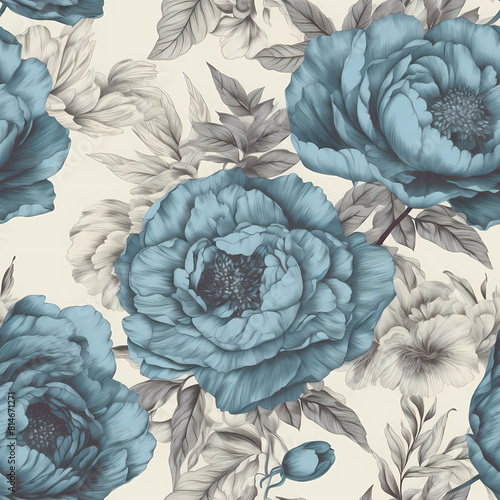 Seamless floral pattern with vintage blue and white peony flowers. Print for wallpaper, cards, fabric, wedding stationary, wrapping paper, cards, backgrounds, textures	
