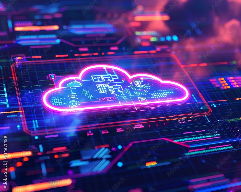 Glowing neon cloud computing over circuit board. Glowing neon cloud computing over circuit board.