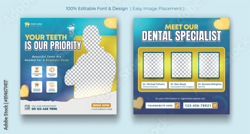 Medical dental healthcare service social media post template design. Hospital, doctor, clinic and dentist health business marketing banner with logo & icon. Creative online promotion corporate flyer &