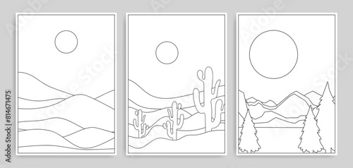 Groovy minimalist boho landscape coloring page or line art drawing with mountain and sun. Contemporary boho wall art design. Modern bohemian style adult coloring page for relaxation. Summer wallpaper.
