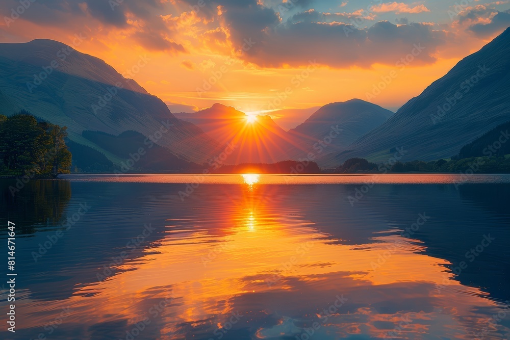 Golden hour over mountain range close up, focus on the light play, copy space, ensure vibrant colors, Double exposure silhouette with a lake reflection Golden hour over mountain range close up, focus on the light play, copy space, ensure vibrant colors, Double exposure silhouette with a lake reflection
