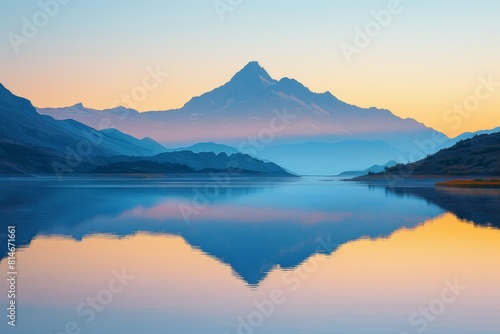 Golden hour over mountain range close up, focus on the light play, copy space, ensure vibrant colors, Double exposure silhouette with a lake reflection