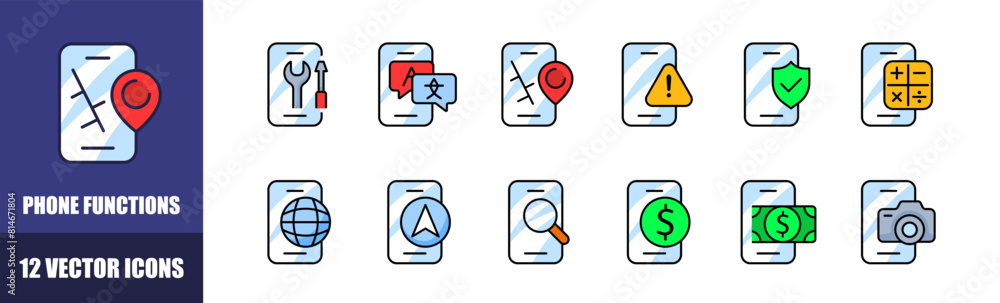 Phone functions icons set. Phone functions icons set.