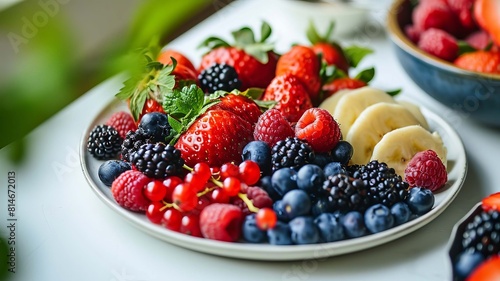 Plate with berries on the table. selective focus. Generative Ai 