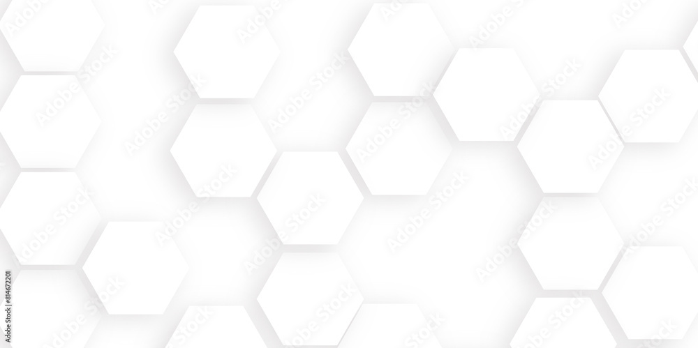 Naklejka premium White surface with hexagonal shapes showing on the right side.3D Futuristic abstract honeycomb mosaic white background, seamless bright white abstract honeycomb background.