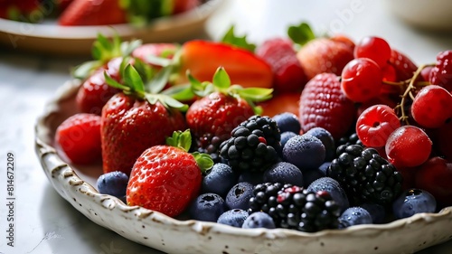 Plate with berries on the table. selective focus. Generative Ai 