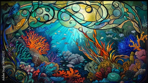 Vibrant and colorful underwater coral reef painting depicting marine life and biodiversity