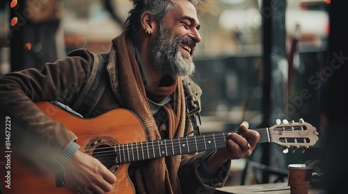 A happy musician strums his acoustic guitar, enjoying the moment.
