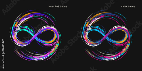 Infinity sign drawn with neon paint, splatter smudge paint. Two color scheme, CMYK, RGB. Grunge style.