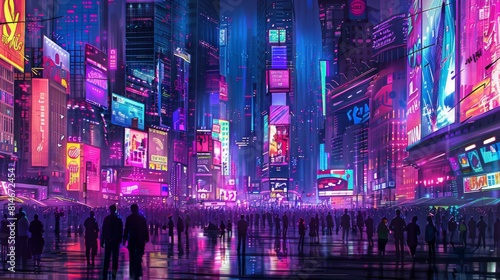 Vibrant cityscape at night with neon lights and bustling crowd