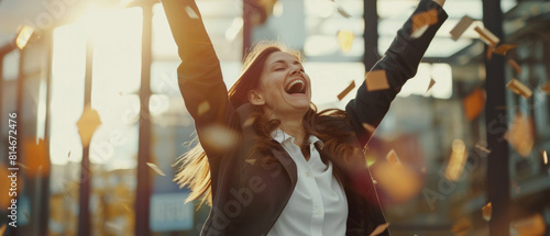 Euphoric businesswoman exults in success with arms raised, confetti showering around. photo