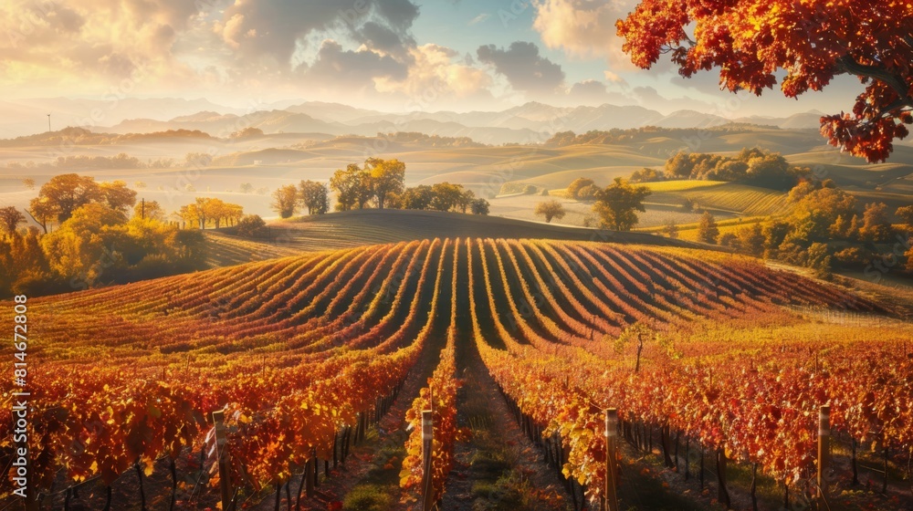 A beautiful autumn landscape with a field of grapes. The grapes are ripe and ready for harvest. The sky is cloudy, but the sun is still shining through the clouds