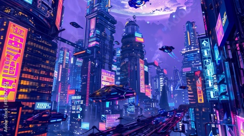 Vibrant cyberpunk cityscape at night filled with neon lights and flying vehicles