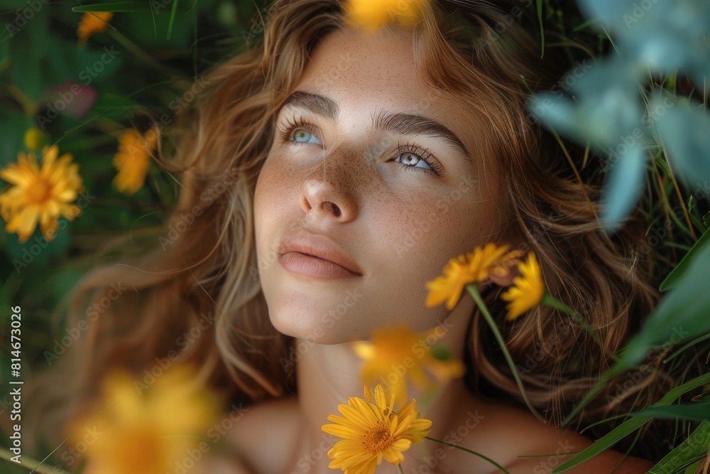 A young woman with freckles lies among yellow flowers, her gaze upward, embodying serenity and natural beauty A young woman with freckles lies among yellow flowers, her gaze upward, embodying serenity and natural beauty