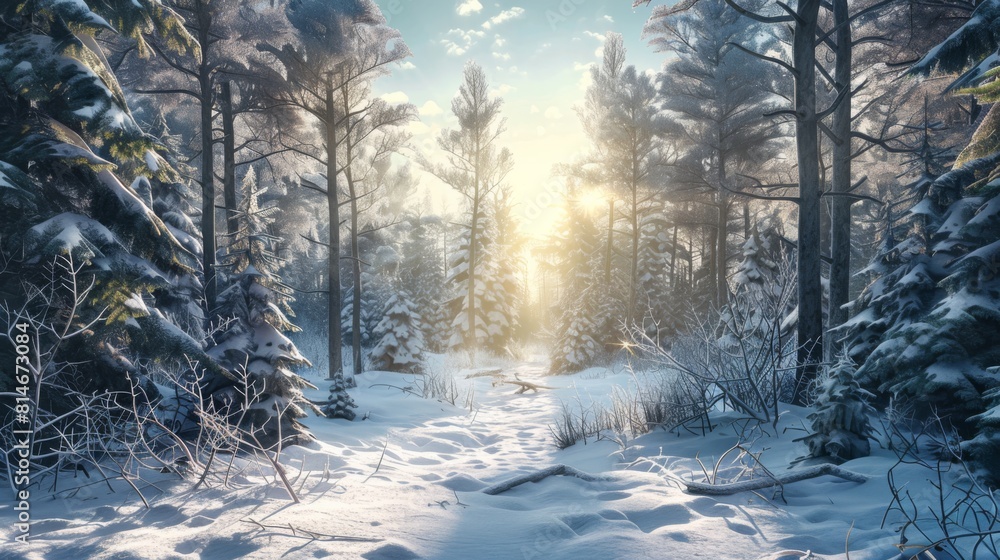 A path covered in snow winds through a forest, with the sun shining through the trees, casting shadows on the ground. The winter landscape creates a serene and peaceful atmosphere as the sunlight filt A path covered in snow winds through a forest, with the sun shining through the trees, casting shadows on the ground. The winter landscape creates a serene and peaceful atmosphere as the sunlight filt