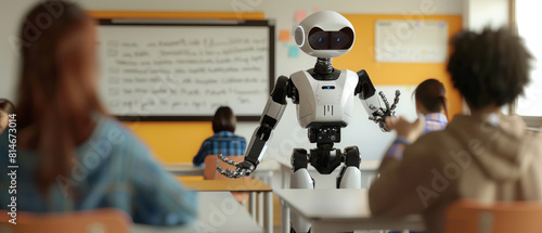 A futuristic robot educator engages with a diverse classroom of curious students in a modern learning environment.