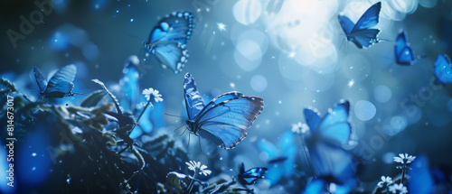 Magical swarm of blue butterflies in a dreamy forest setting twinkling with light.