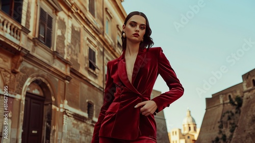 A model dressed in a stylish red velvet suit poses against the backdrop of an ancient European city.