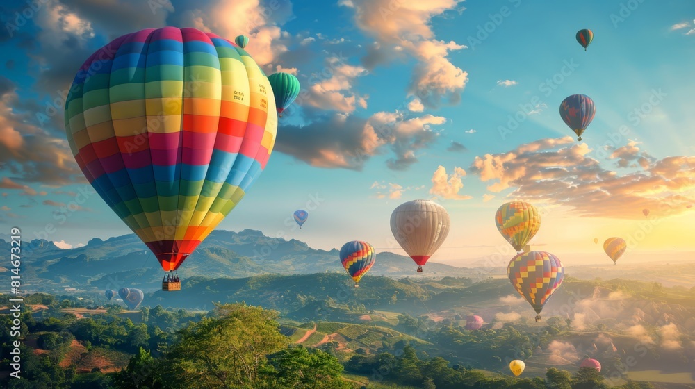 Fototapeta premium A group of colorful hot air balloons soaring in the sky, creating a vibrant and dynamic scene against the blue backdrop. The balloons are seen floating gracefully as they catch the wind, showcasing a 