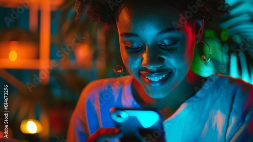 Woman Enjoying Neon Light Smartphone