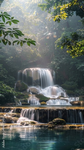 A powerful waterfall cascading down rocks in the midst of a dense forest. The water crashes into a pool below  surrounded by lush greenery and towering trees.