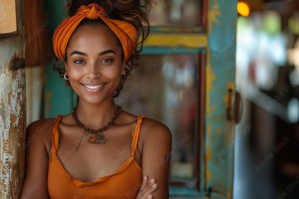 Obraz premium A beautiful woman in an orange top and headband.