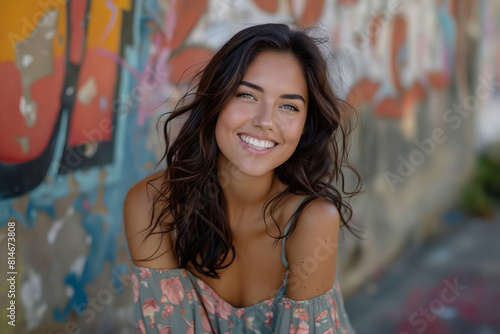 A smiling woman leaning against a wall with graffiti.