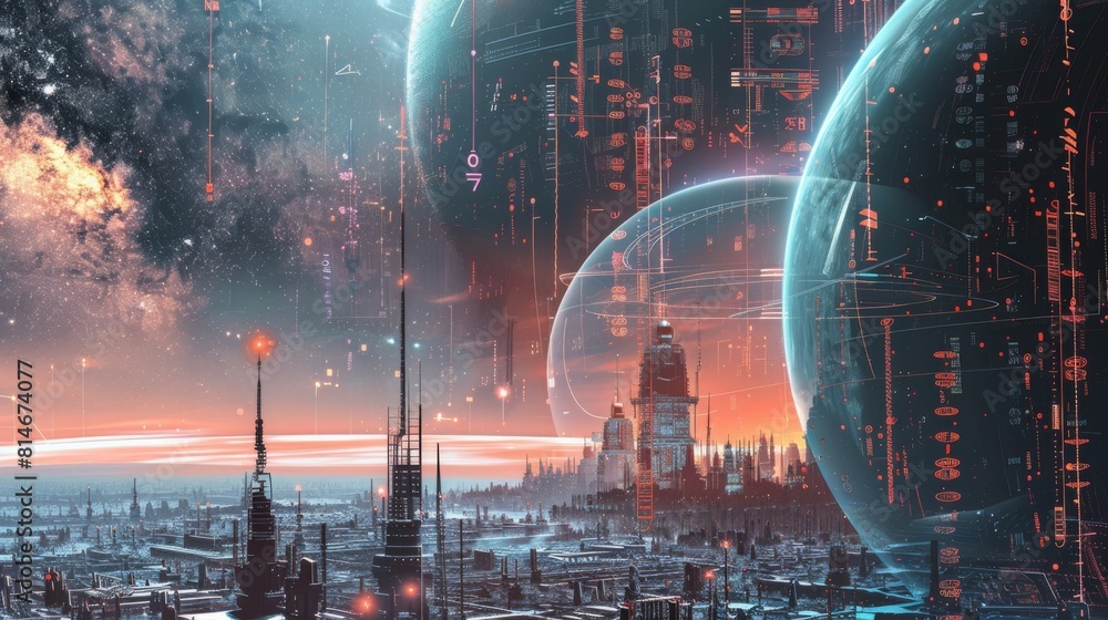 A futuristic cityscape with a large building in the center. The sky is filled with stars and the city is surrounded by a large planet A futuristic cityscape with a large building in the center. The sky is filled with stars and the city is surrounded by a large planet