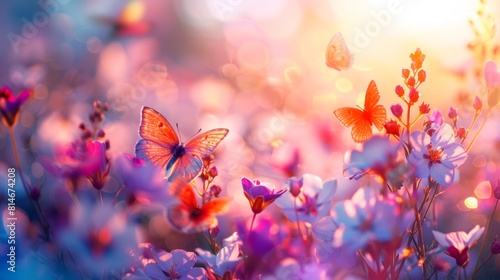 Colorful floral garden close up  focus on the variety of blossoms  copy space  ensure vivid colors  Double exposure silhouette with butterflies